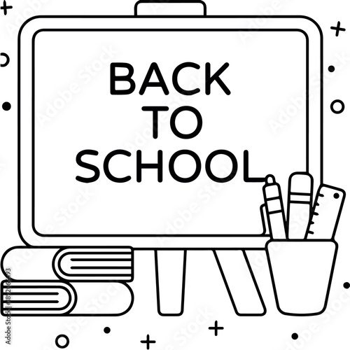 A vector graphic illustration of a whiteboard with 'Back to School' text surrounded by school supplies