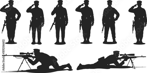 Military soldier silhouette set showing saluting standing and sniper positions with rifles isolated on white background for stock illustration design