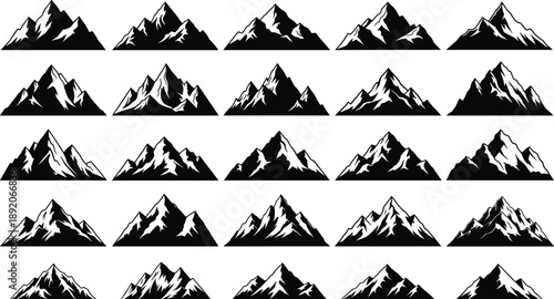 Mountain silhouettes collection, black and white alpine peaks set, nature landscape vector icons, outdoor adventure mountain logo design pack illustration