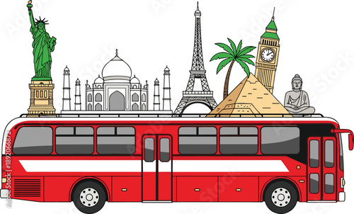 Red double decker bus with global landmarks travel tourism vector illustration cityscape skyline iconic monuments world journey transportation adventure design