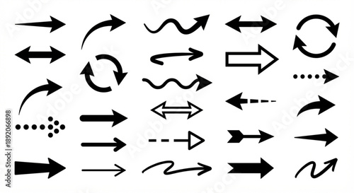 Dynamic collection of diverse black arrow symbols and pointers, offering essential directional indicators and versatile graphical elements for various design projects