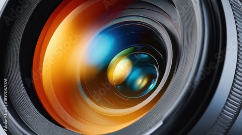 Macro Photo Of Camera Lens With Orange Ring In Focus Showing Blue And Yellow Reflections
