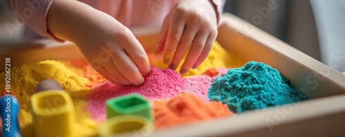 A child's hands play with colorful sand in a sensory box, fostering creativity and tactile exploration.