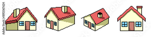 Set of pixel house vector for retro game environments. 8-bit style home and building ideal for real estate apps and digital city maps.