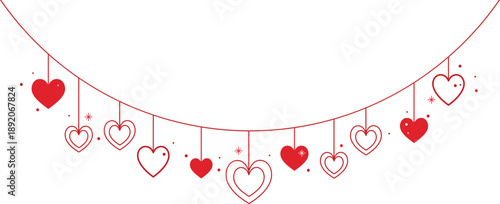 Valentine's day horizontal banner, red line art heart garland on white background, romantic hanging ornaments with sparkles, vector illustration with copy space.