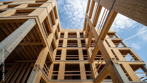 A striking low angle view showcases the modern architectural design of a large wooden building with repeating window patterns and concrete supports high quality professional detailed