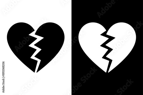 Broken Heart Flat Vector Icon in Black and White. Divorce, Love Pain & Valentine Heart Silhouette for Apps and Websites
