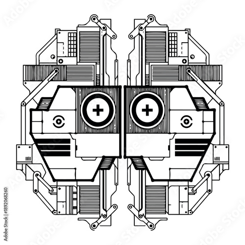 A detailed black and white line drawing of a mechanical device with a symmetrical design and various components