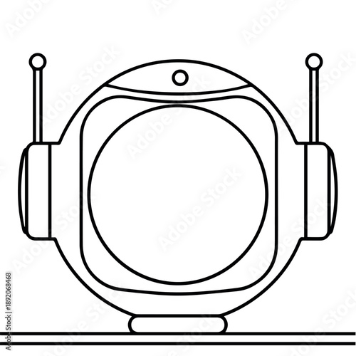 A simple black line art illustration of a vintage television set with antennae on a flat surface