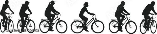 Silhouettes of men and women riding bicycles in various outdoor positions, symbolizing healthy lifestyle, exercise, transportation, mobility, freedom, sport, fitness and modern urban cycling culture