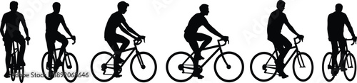 Silhouettes of men riding bicycles in various positions, symbolizing outdoor fitness, transportation, healthy lifestyle, mobility, sport, exercise, and modern urban cycling culture
