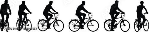 Silhouettes of men riding bicycles in different positions, symbolizing outdoor fitness, healthy lifestyle, transportation, mobility, exercise, sport, freedom and modern urban cycling culture
