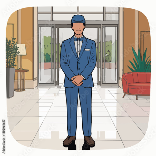 Bellboy Waiting at Lobby
A flat vector illustration of a bellboy standing attentively in the hotel lobby, hands clasped, ready to assist. Flat vector style, calm and professional atmosphere.