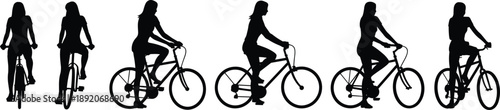 Silhouettes of women riding bicycles in different positions, symbolizing outdoor fitness, healthy lifestyle, transportation, movement, sport, freedom, wellness, mobility and modern cycling culture