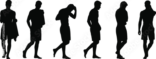 Silhouettes of young men in various casual standing and walking poses, expressing lifestyle, emotion, body language, attitude, fashion, modern character and everyday masculine behavior