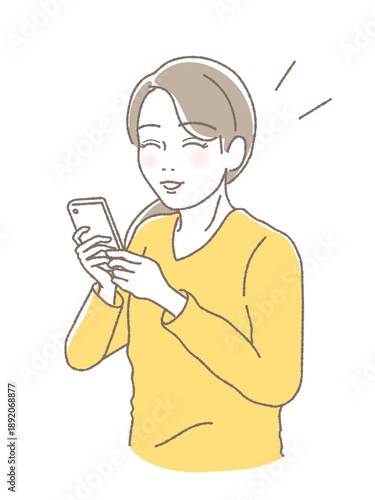 スマートフォンを操作し微笑む女性、20代 30代 40代、資産運用、ライフスタイル、ベクター (Woman in her 20s, 30s, or 40s smiling while using a smartphone, asset management, lifestyle, vector)