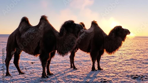Wallpaper Mural Two bactrian camels stand in a frozen landscape under a golden sunrise Torontodigital.ca