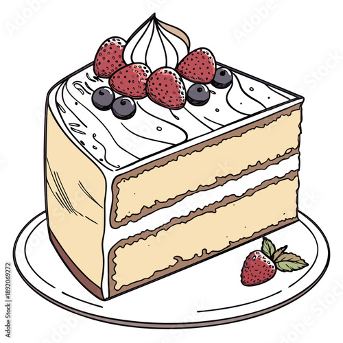 Delicious slice of layered cake topped with fresh berries and cream