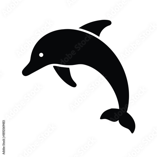 Simple black and white graphic icon representing a jumping dolphin fish