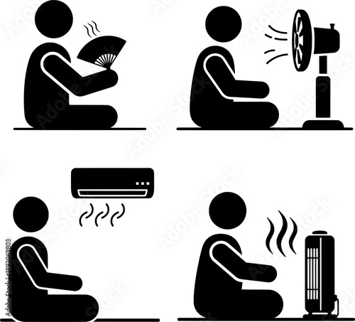 Man Using Fan, Air Conditioner, and Electric Fan to Beat the Heat Vector Icons