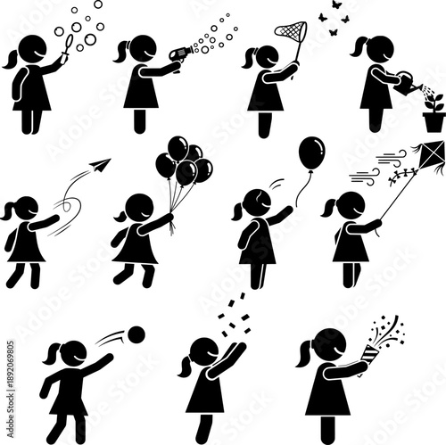 Set of Little Girl Silhouette Icons Playing Various Outdoor Activities