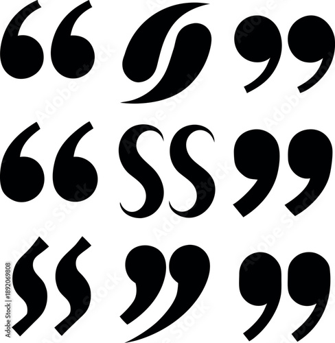 Stylized Quotation Marks and Speech Symbols Black and White Collection isolated  on white background.