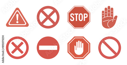 A collection of red alert, stop, and prohibition icons for safety communication.