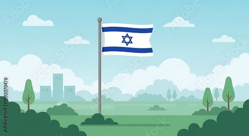 A flat vector illustration of the Israeli flag waving on a pole against a peaceful green park and city skyline