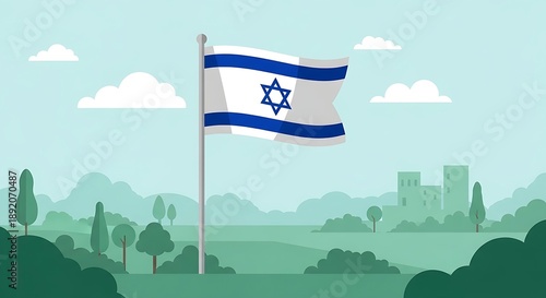 A flat vector illustration of the Israeli flag waving on a pole against a peaceful green park and city skyline
