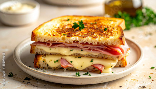 Grilled cheese sandwich on travertine stone