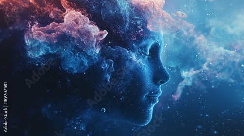 A digital illustration of a female face emerging from a swirling cloud of blue and red particles, set against a dark blue background.