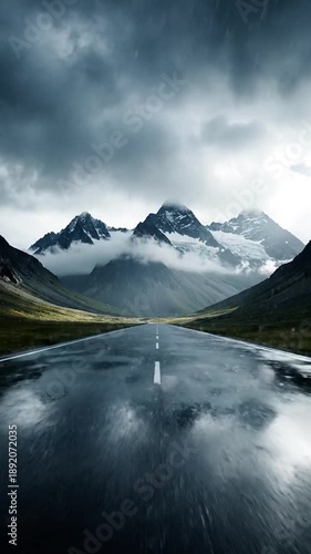 Wallpaper Mural Wet mountain road under stormy clouds, reflecting sky Torontodigital.ca
