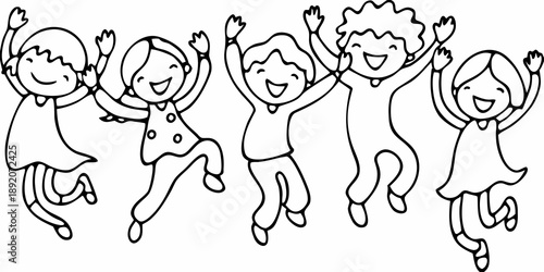 A line of joyful children jumping with arms raised in celebration