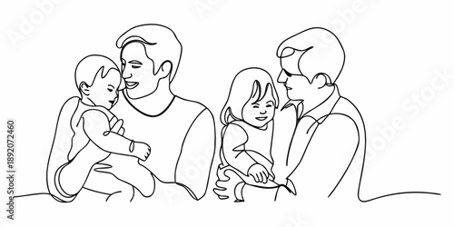 Line art depiction of a family parents and two young children together