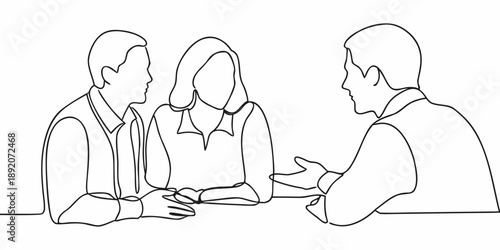Continuous line drawing of three people in a meeting or discussion