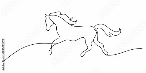 Minimalist continuous line drawing of a galloping horse in white background