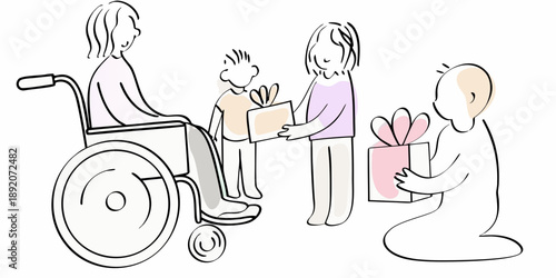 A heartwarming illustration of people exchanging gifts and showing care