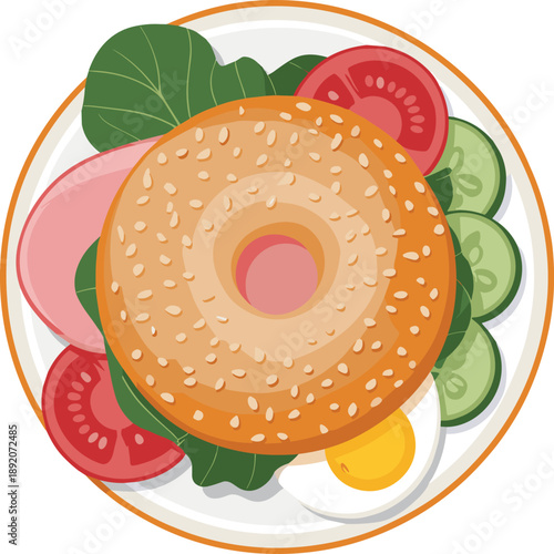 Bagel sandwich with fresh vegetables, boiled egg, healthy breakfast plate, colorful food composition, nutritious meal vector illustration for dining concept