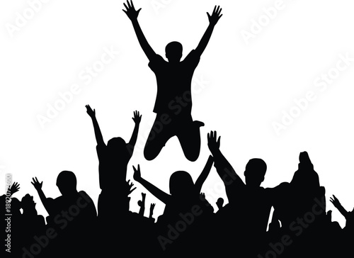 Black silhouette of crowd with person jumping high for celebration and success concepts isolated on white, cad drawing flat vector illustration.
