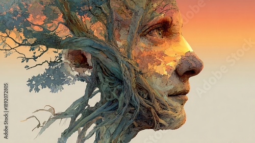 surreal tree face human transformation blending roots and branches with vibrant sunset sky background symbolizing nature's connection with humanity