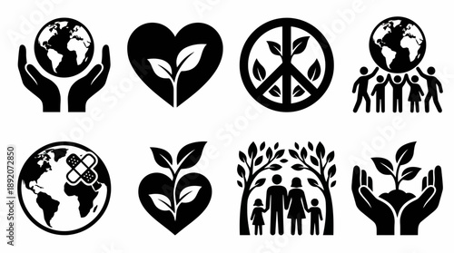 Eight black vector icons illustrating global conservation, environmental care, peace symbols and family protection, concept for ecology education, sustainability programs and CSR reports