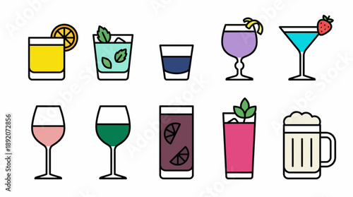 Set of colorful outlined flat vector icons showing cocktails, wine, beer and beverages, concept for restaurant menus, bar promotions and web graphic design
