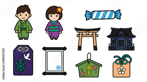 Cute cartoon set of Japanese elements: boy and girl in kimono, shrine, torii gate, omamori and candy, concept for tourism promotion, cultural education and holiday celebration design