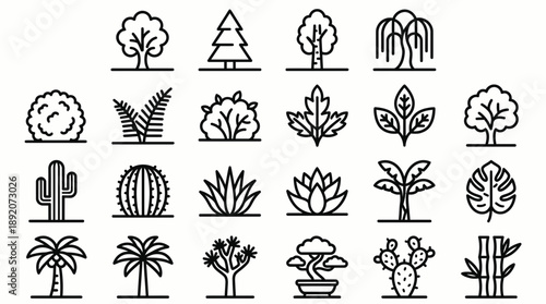 Twenty detailed black line icons representing diverse trees, bushes, cacti and palms on white, concept for gardening apps, ecology infographics and natural habitat mapping