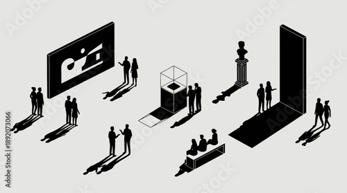 Isometric monochromatic illustration showing gallery patrons interacting with various exhibits, concept for event promotion, gallery invitations and architectural presentations