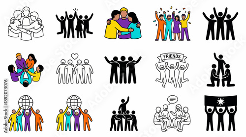 Vector icon set of teamwork, friendship and unity, featuring diverse figures cheering, embracing and supporting, concept for HR documents, social platform design and organizational development