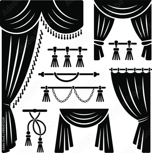 Curtain silhouette vector, drapery design icons, window treatment styles, decorative rod artwork, cad drawing flat vector illustration, isolated set