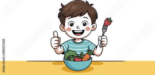 Healthy Eating Kids Illustration  Smiling Boy with Salad and Strawberry