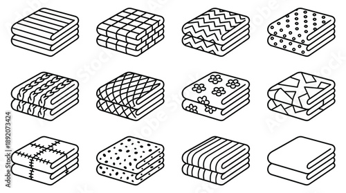 Isometric line icons set of folded blankets featuring diverse patterns like stripes, checks and dots, concept for textile e-commerce interfaces, laundry service branding and home decor catalogs