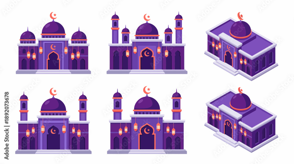 Fototapeta premium Purple isometric and flat mosque illustrations featuring domes, minarets, crescent moons and lanterns, concept for religious celebrations, greeting cards and website banners